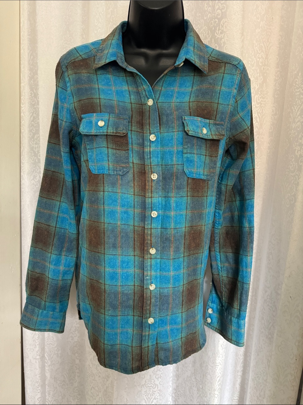 Mossimo Supply Co. Teal and Brown Plaid Button-Down Shirt